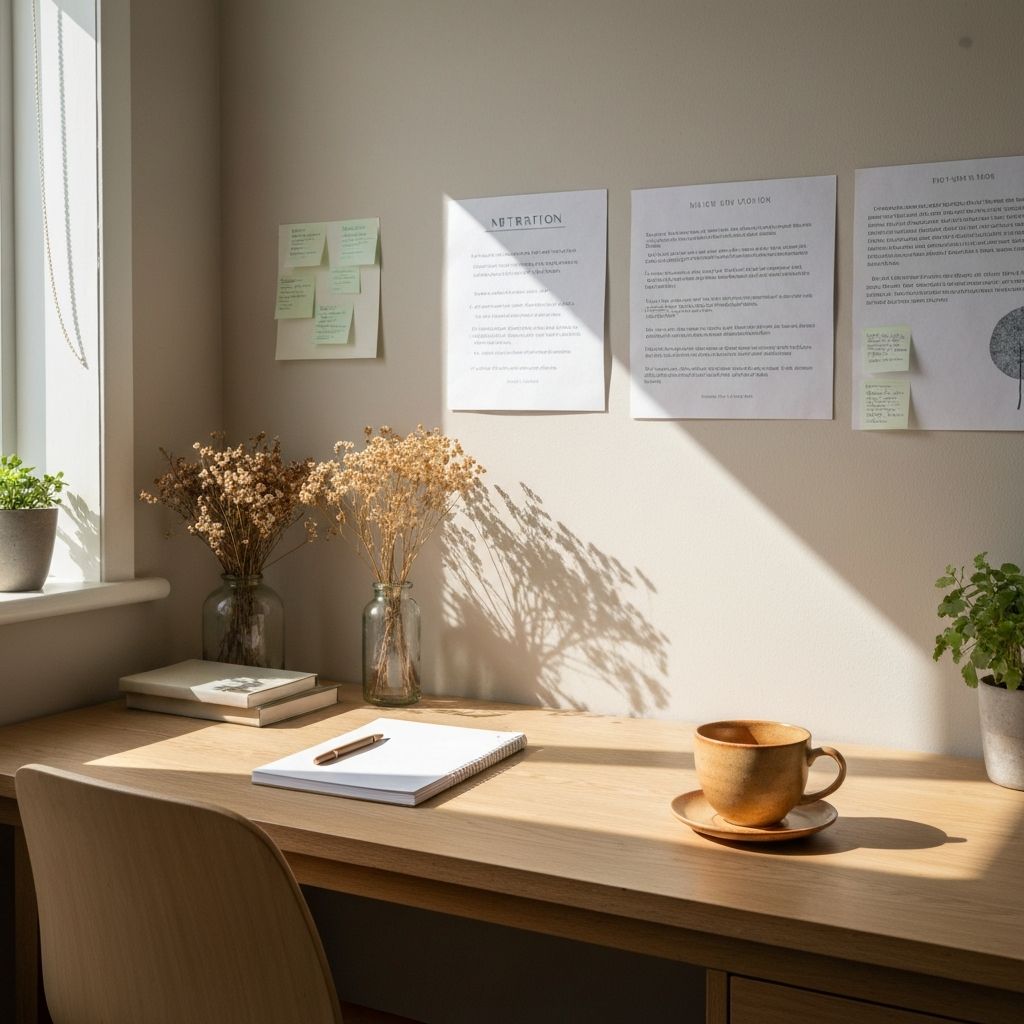 Calm workspace with notes and tea cup, organized UK studio aesthetic