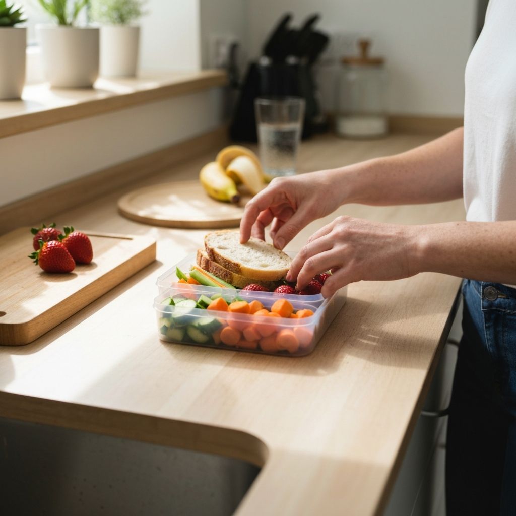 Hands packing a balanced lunch at a kitchen counter with fresh vegetables and bread
